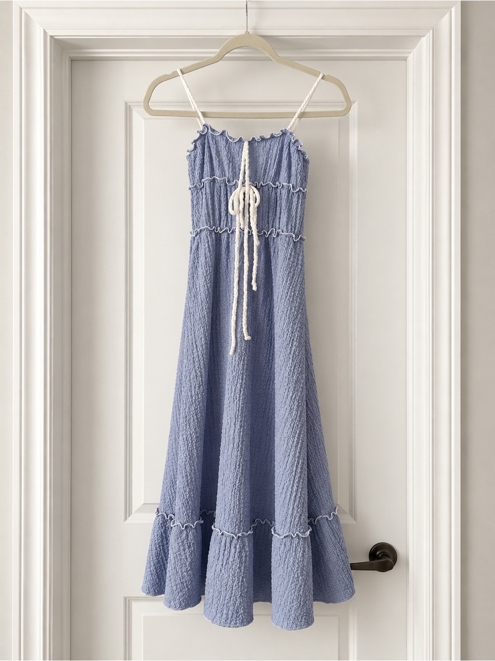 See You Monday Light Blue Ruffled Midi Dress with Tie